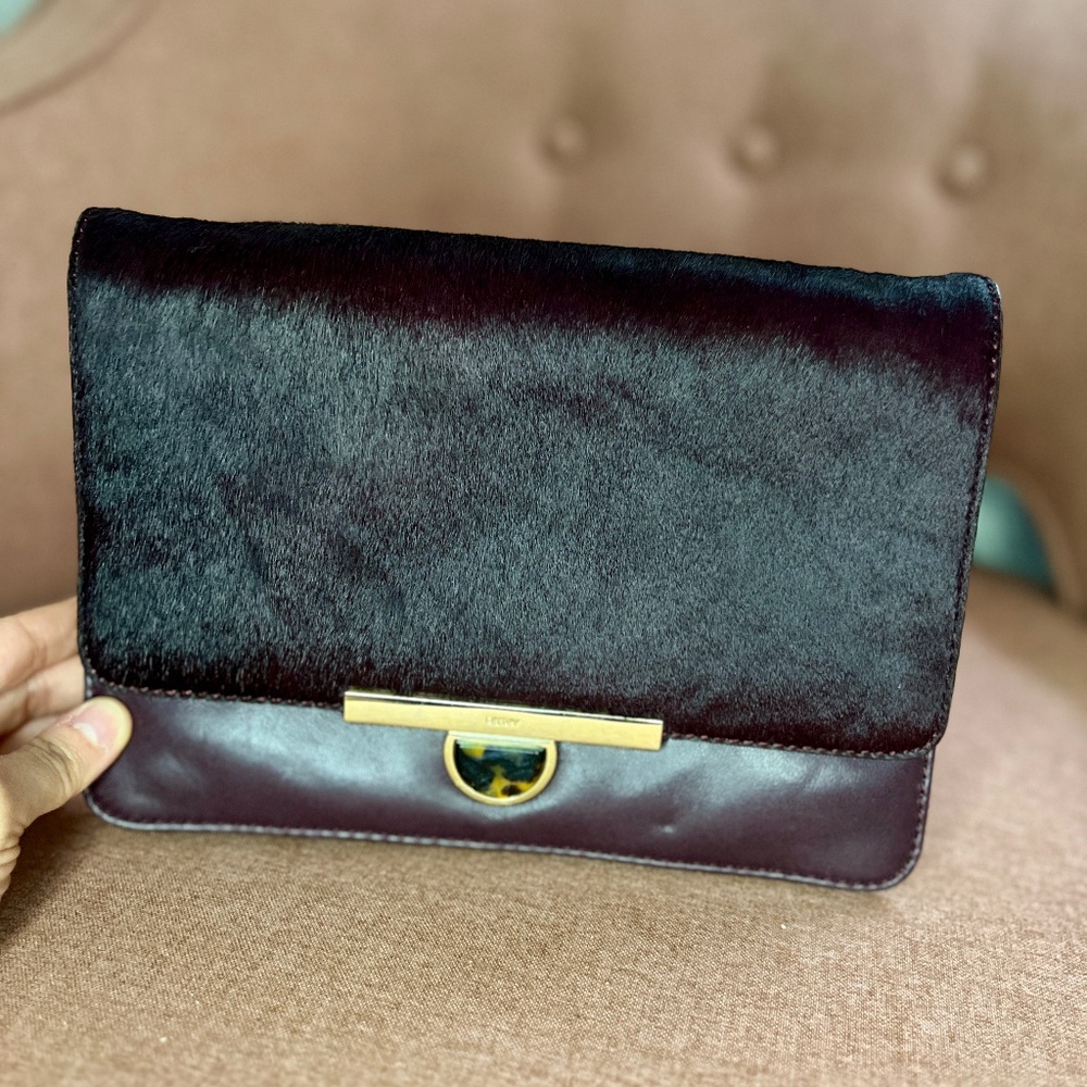 DKNY Brown/Burgundy Leather and Calf Hair Clutch Purse